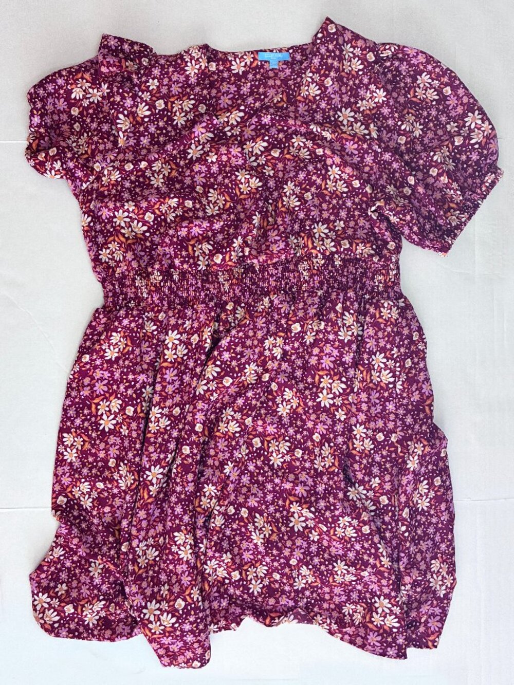 Draper James Floral Puff Sleeve Smocked Waist Faux Wrap Dress - Burgundy - 2X - Picture 1 of 8